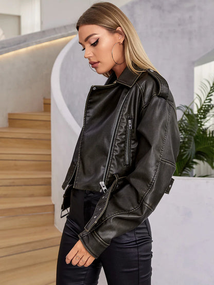 Moto Jackets- Edge Faux Leather Biker Jacket for Mild Winter- - Chuzko Women Clothing