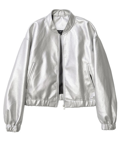 Moto Jackets - Metallic Bomber Silver Pilot Jacket