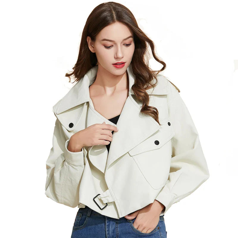 Moto Jackets- Must-Have Cropped Biker Leather Jacket for Women- Beige- Chuzko Women Clothing