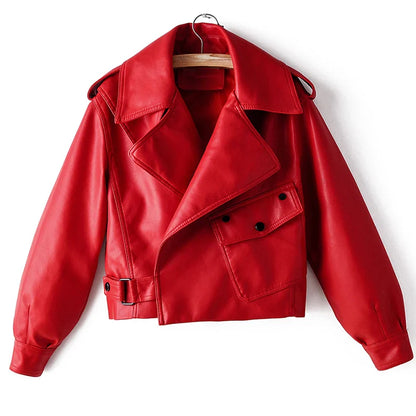 Moto Jackets- Must-Have Cropped Biker Leather Jacket for Women- Red- Chuzko Women Clothing