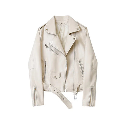 Moto Jackets- Women Faux Leather Biker Jacket- Rice white- Pekosa Women Fashion