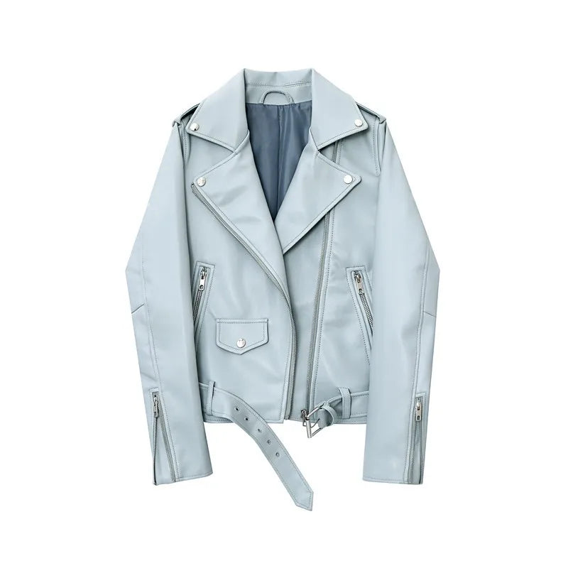 Moto Jackets- Women Faux Leather Biker Jacket- Light blue- Pekosa Women Fashion