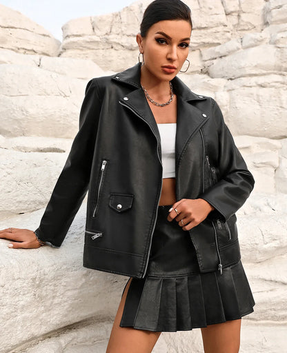 Moto Jackets- Women's Notch Lapel Faux-Leather Zip-Up Moto Jacket- - Chuzko Women Clothing