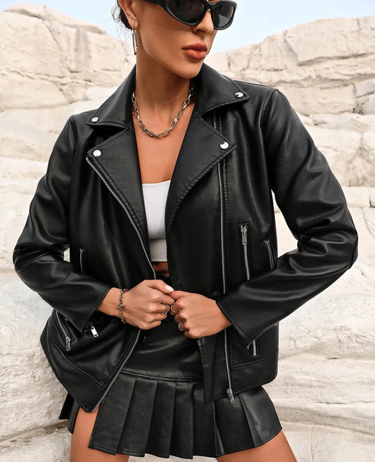 Moto Jackets- Women's Notch Lapel Faux-Leather Zip-Up Moto Jacket- - Chuzko Women Clothing