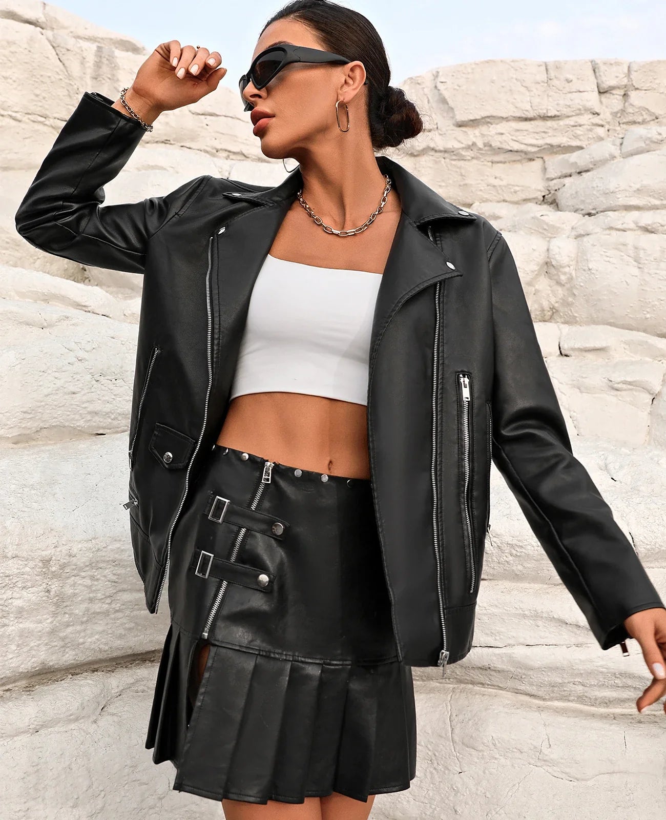 Moto Jackets- Women's Notch Lapel Faux-Leather Zip-Up Moto Jacket- - Chuzko Women Clothing