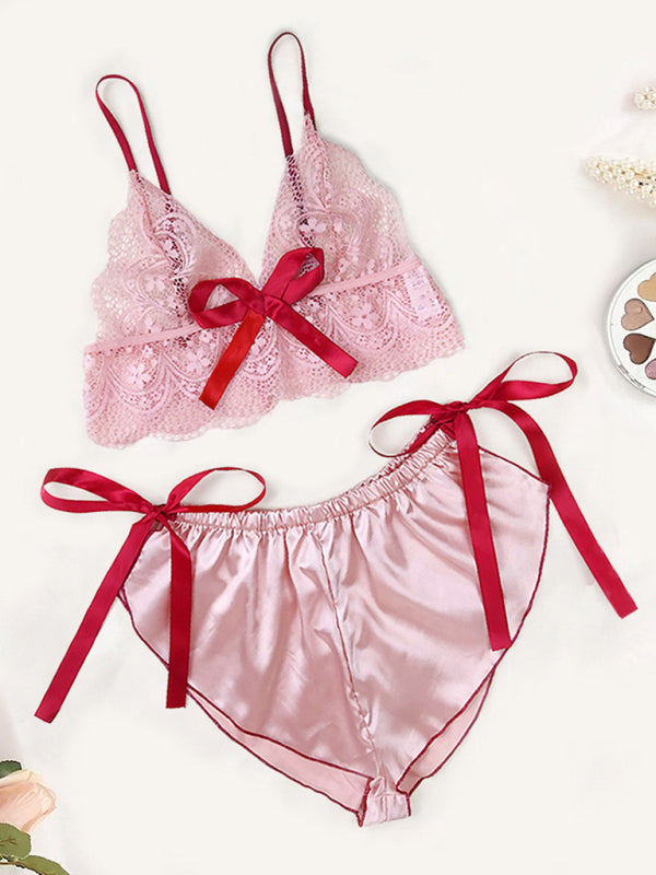 Nightwear - Satin Lingerie Set Lace Sleep Bra and Shorts