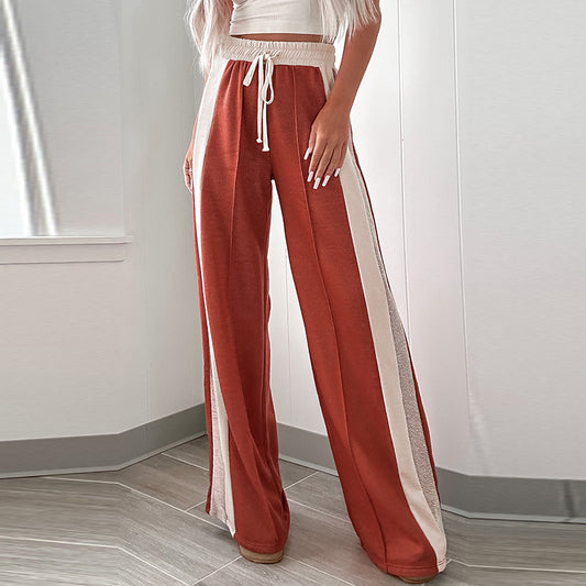 Pants - Women's High Waist Wide Leg Pants European And American Simple Loose Color Matching Drawstring