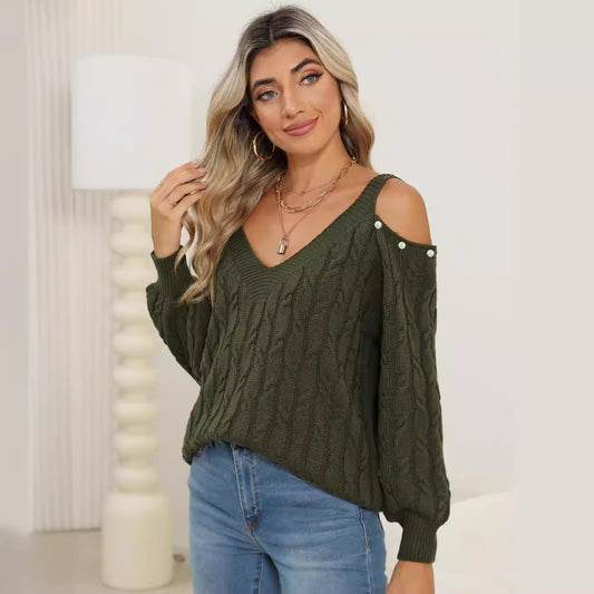 Sweaters - Woven Bottoming Shirt Deep V Off-the-shoulder Pullover Loose Sweater