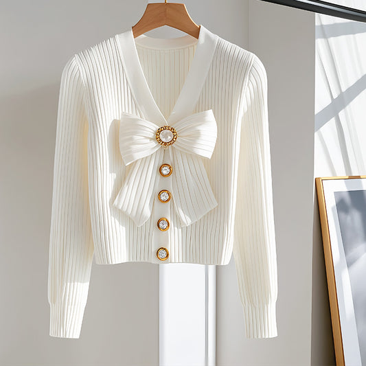 Cardigans - White Long-sleeved Fashionable High-end Chic Sweater