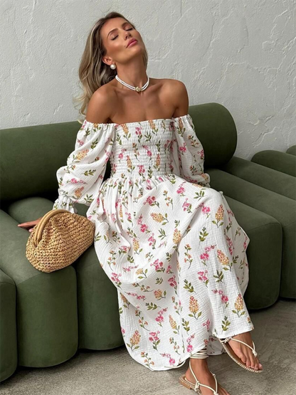 Off Shoulder Dress- Off shoulder Long sleeve Smoke Midi dress