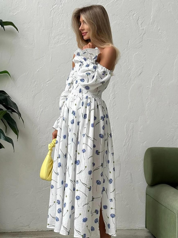 Off Shoulder Dress- Off shoulder Long sleeve Smoke Midi dress