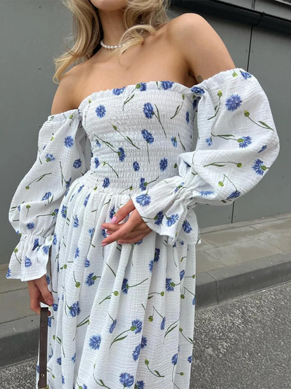 Off Shoulder Dress- Off shoulder Long sleeve Smoke Midi dress