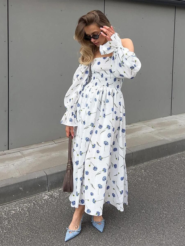 Off Shoulder Dress- Off shoulder Long sleeve Smoke Midi dress