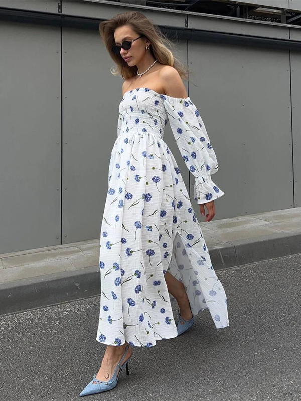 Off Shoulder Dress- Off shoulder Long sleeve Smoke Midi dress