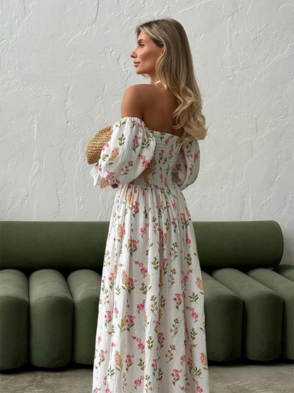 Off Shoulder Dress- Off shoulder Long sleeve Smoke Midi dress