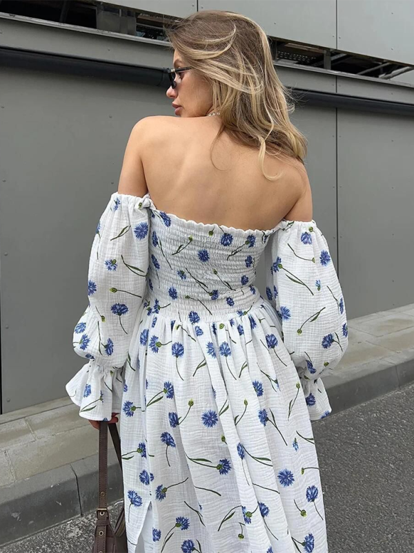 Off Shoulder Dress- Off shoulder Long sleeve Smoke Midi dress