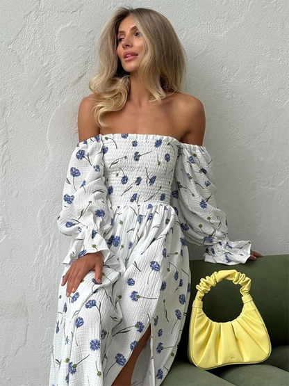 Off Shoulder Dress- Off shoulder Long sleeve Smoke Midi dress