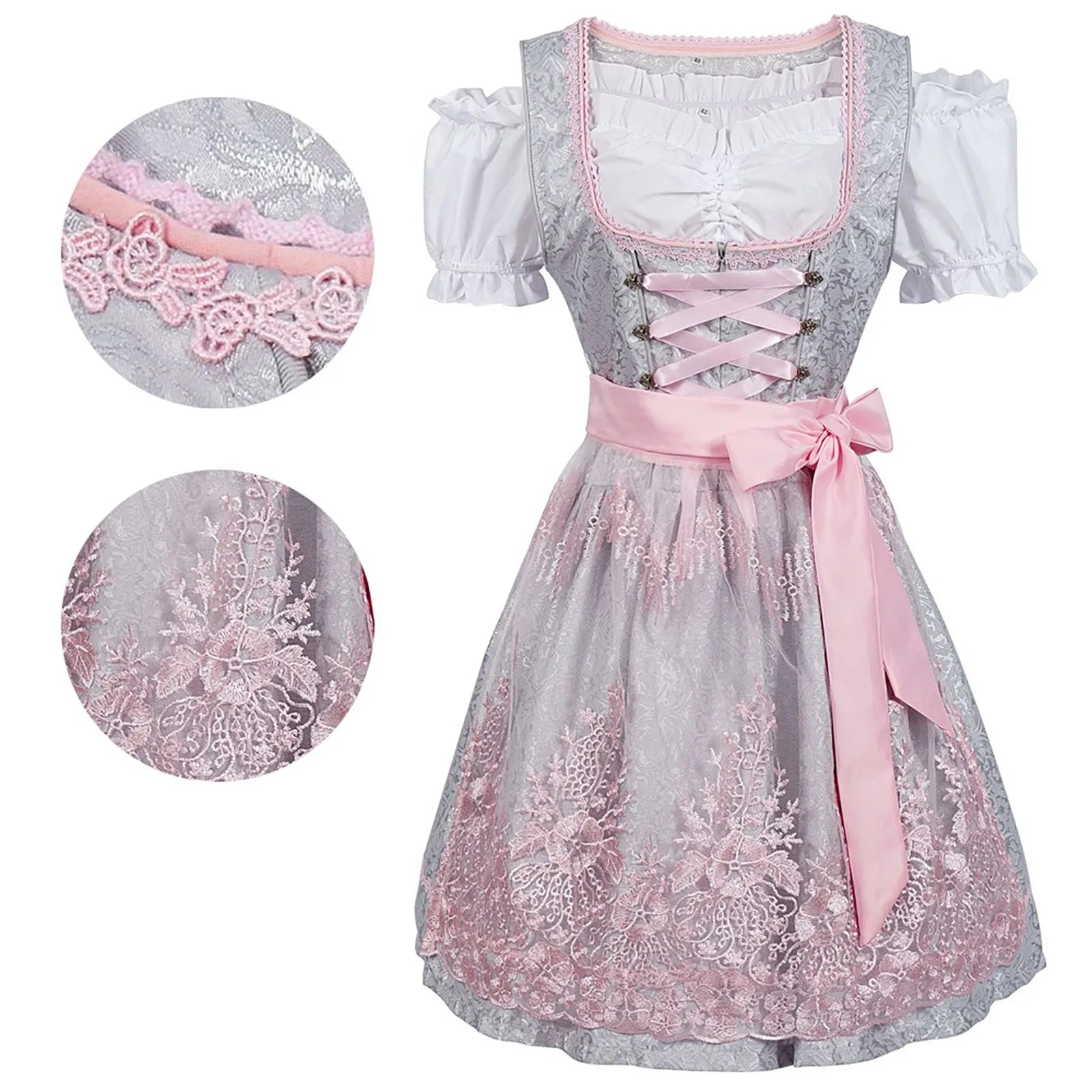 Oktoberfest Dresses- Women Authentic Bavarian Dirndl Cosplay Dress for Oktoberfest- Pink- Chuzko Women Clothing