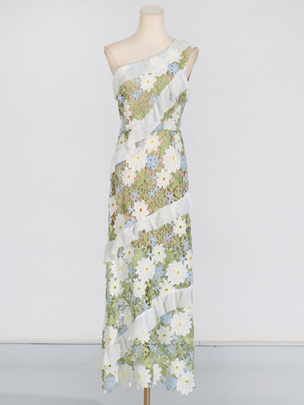 One Shoulder Dresses - One-Shoulder Floral Embroidered Maxi Dress for Garden Parties