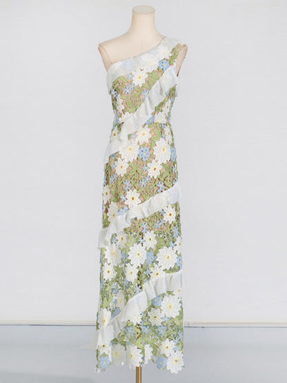 One Shoulder Dresses - One-Shoulder Floral Embroidered Maxi Dress for Garden Parties