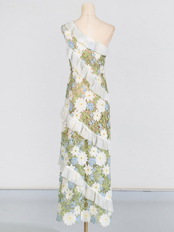 One Shoulder Dresses - One-Shoulder Floral Embroidered Maxi Dress for Garden Parties