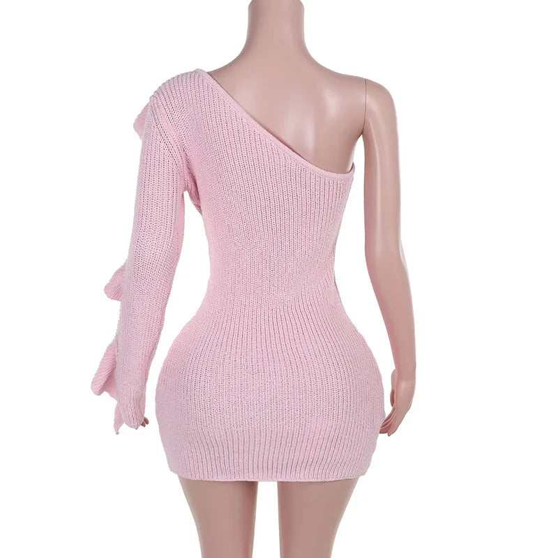 One Shoulder Dresses- One-Shoulder Knit Mini Dress with Rose Applique & Ruffled Sleeve