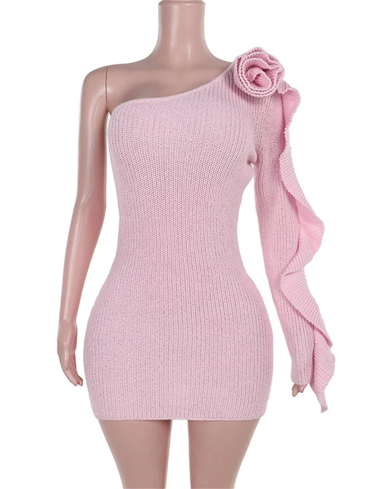 One Shoulder Dresses- One-Shoulder Knit Mini Dress with Rose Applique & Ruffled Sleeve