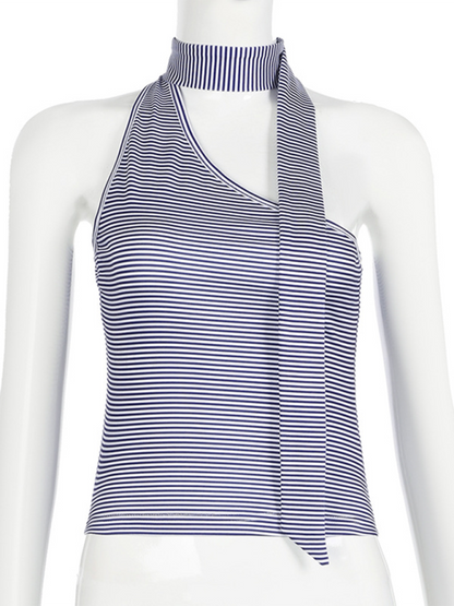 One-shoulder Tops - Striped One-Shoulder Choker Top