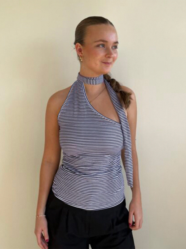 One-shoulder Tops - Striped One-Shoulder Choker Top