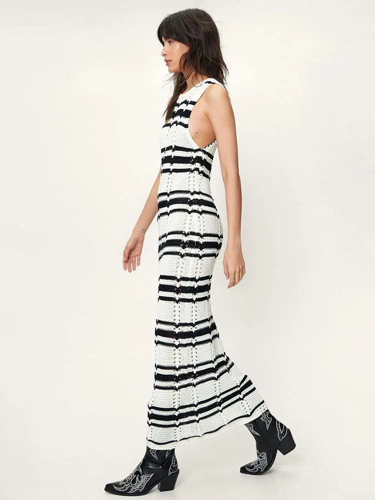 Open Knit Dresses- Beach to Bar Ready: Striped Open Knit Maxi Dress for Vacation- - Pekosa Women Clothing