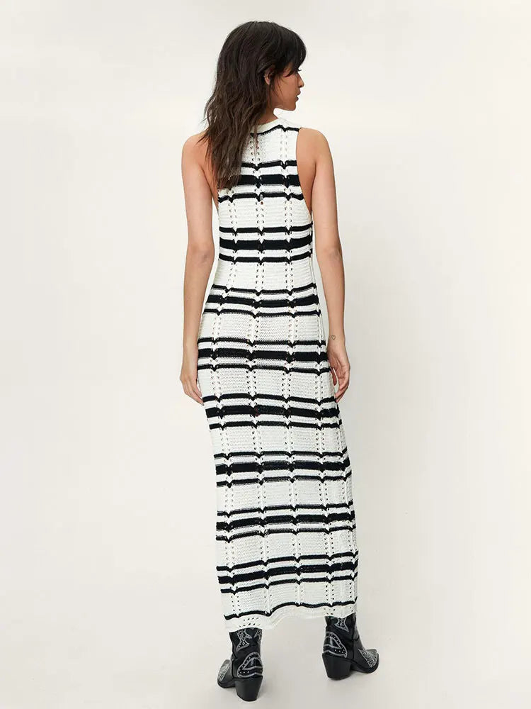 Open Knit Dresses- Beach to Bar Ready: Striped Open Knit Maxi Dress for Vacation- - Pekosa Women Clothing