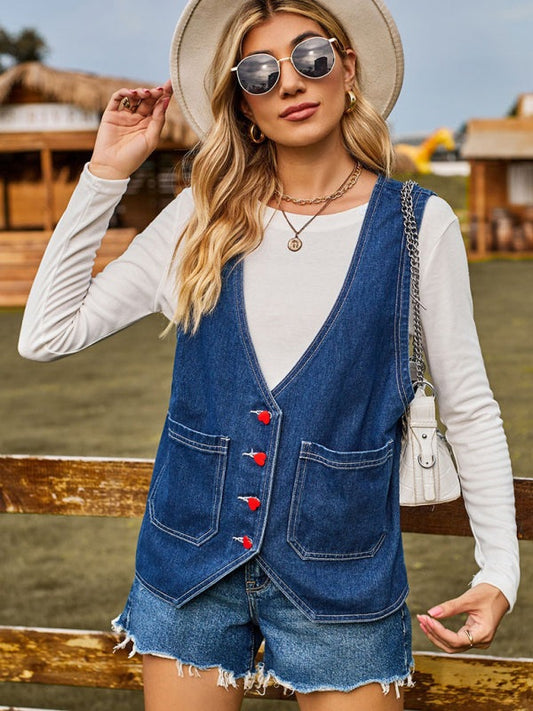 Outerwear - Casual Women's Denim Vest with Heart Buttons