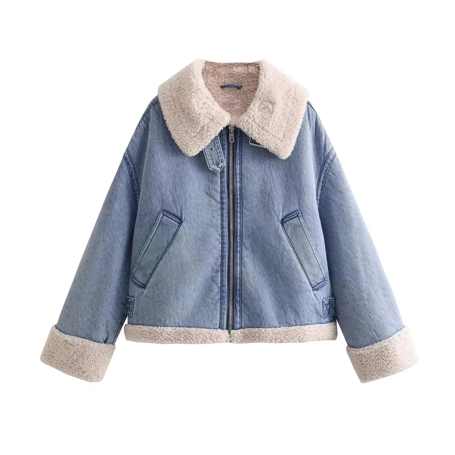 Outerwear- Women's Winter Fleece-Lined Denim Jacket- Blue- Pekosa Women Fashion