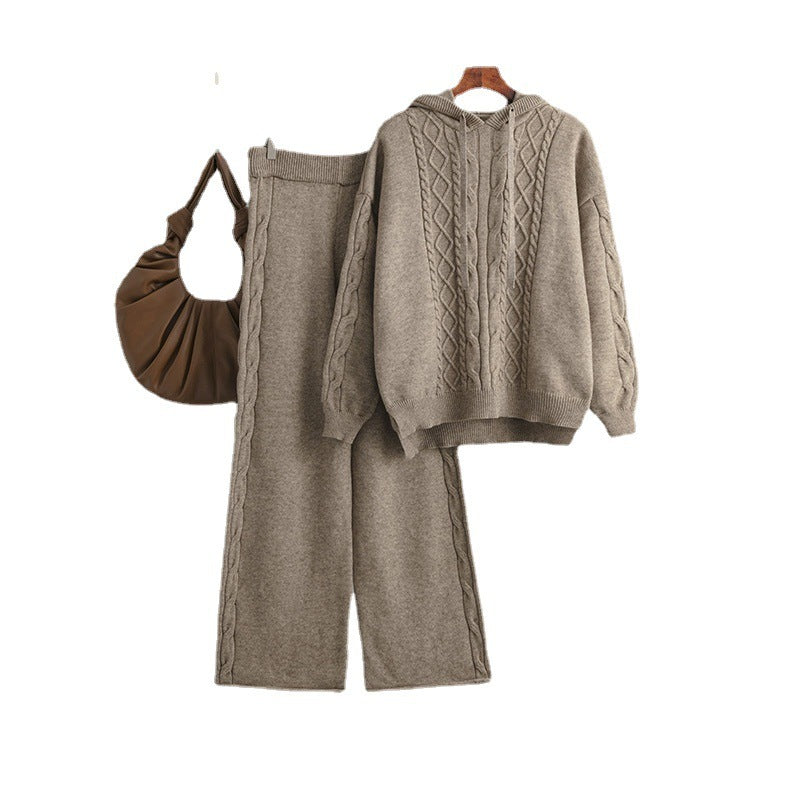 Outfit Matching Sets - Cozy Cable Knit Hooded Sweater & Pants Set – Loungewear Style