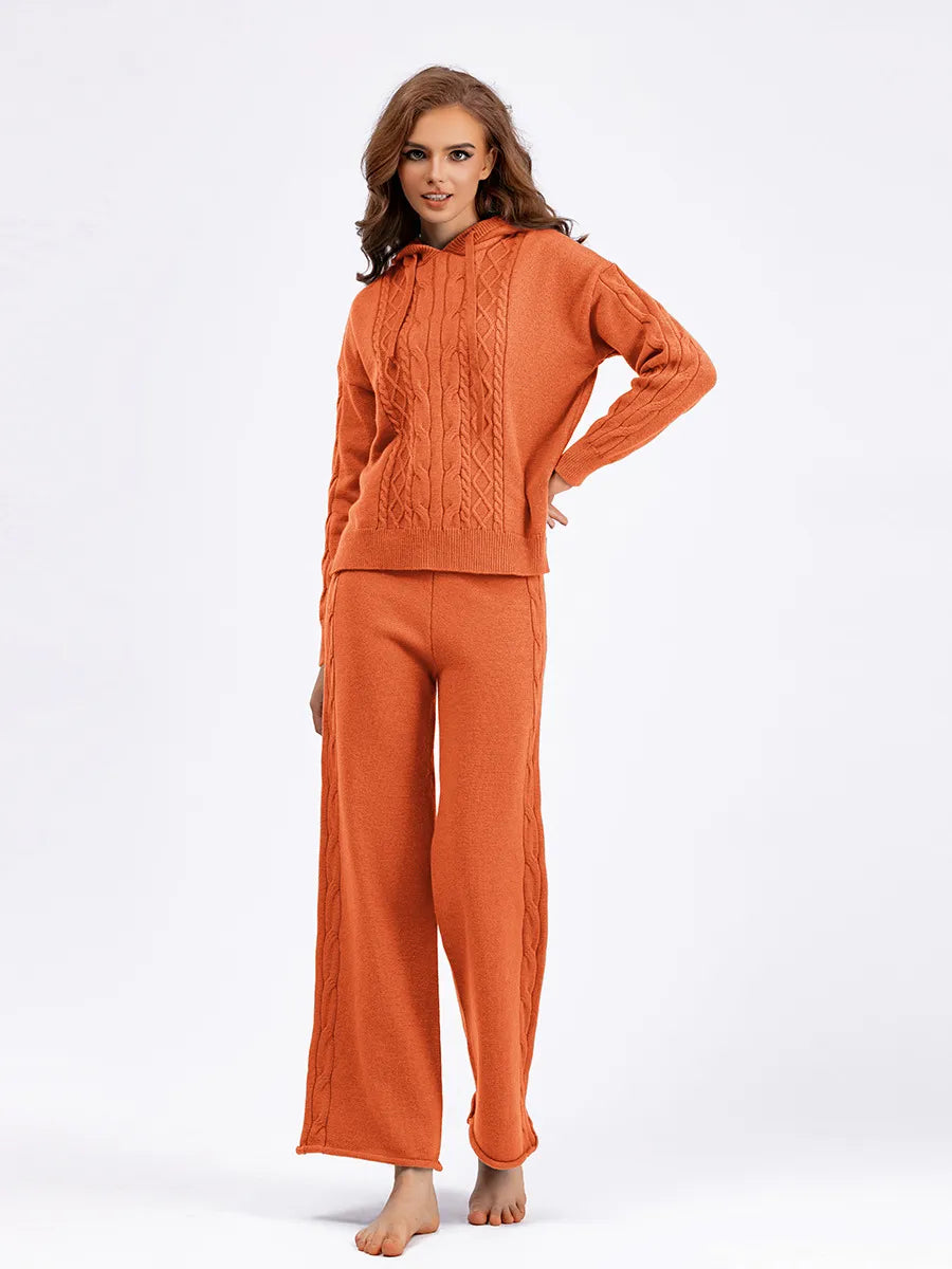 Outfit Matching Sets - Cozy Cable Knit Hooded Sweater & Pants Set – Loungewear Style