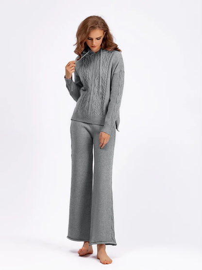 Outfit Matching Sets - Cozy Cable Knit Hooded Sweater & Pants Set – Loungewear Style