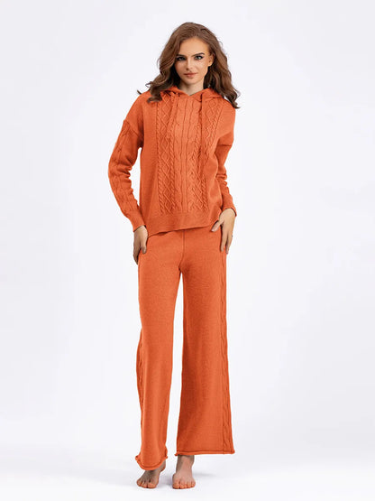 Outfit Matching Sets - Cozy Cable Knit Hooded Sweater & Pants Set – Loungewear Style