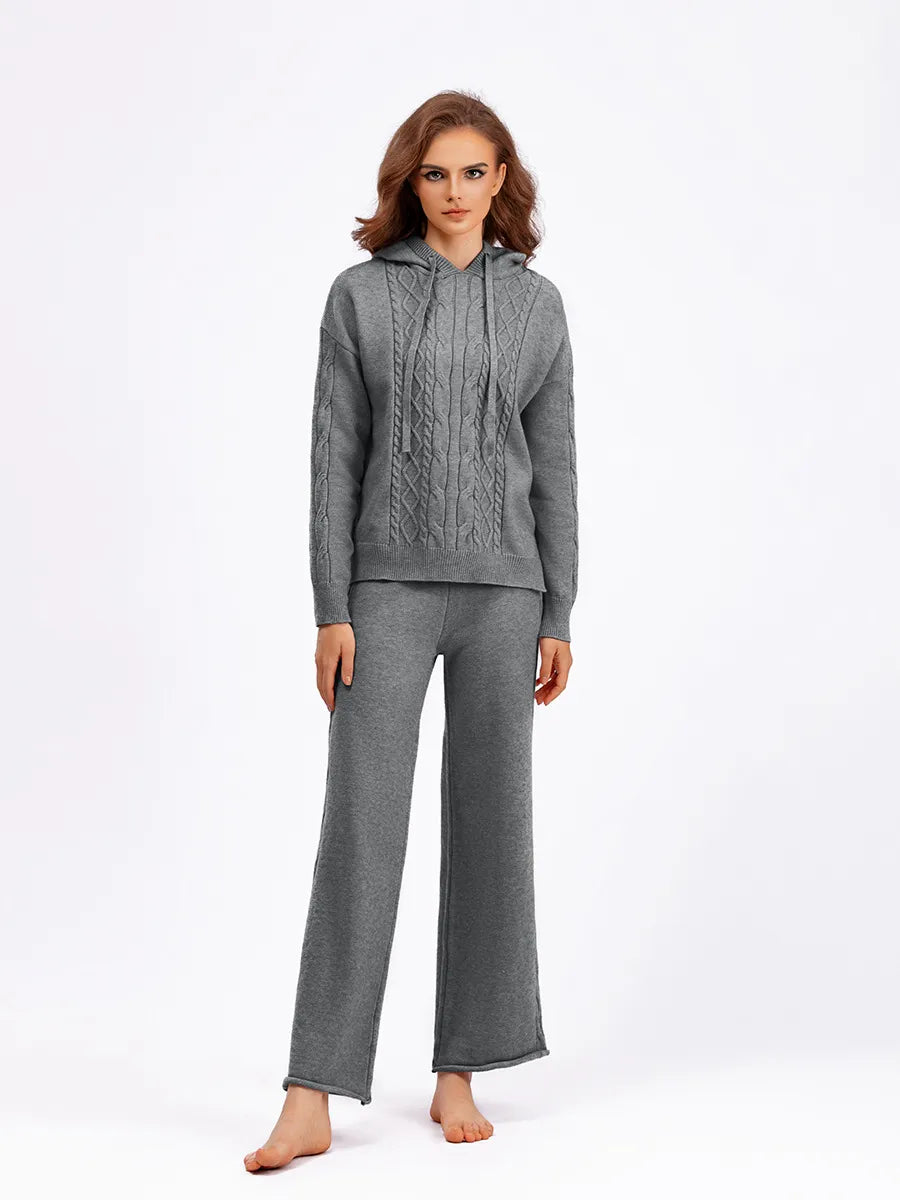 Outfit Matching Sets - Cozy Cable Knit Hooded Sweater & Pants Set – Loungewear Style