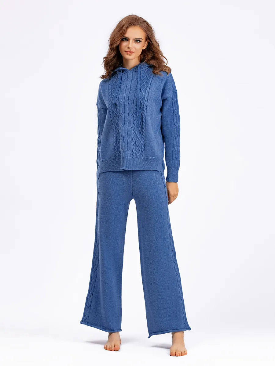 Outfit Matching Sets - Cozy Cable Knit Hooded Sweater & Pants Set – Loungewear Style