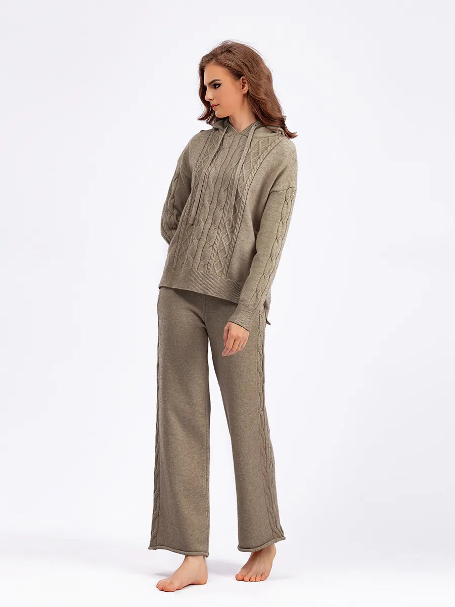 Outfit Matching Sets - Cozy Cable Knit Hooded Sweater & Pants Set – Loungewear Style