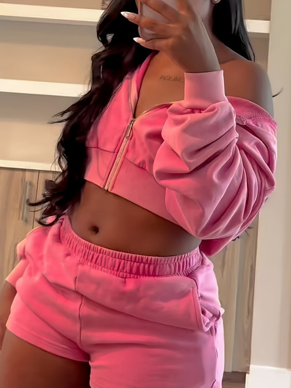 Outfit Set - Loungewear Pink Zip-Up Hoodie & Shorts