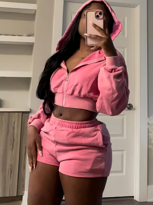 Outfit Set - Loungewear Pink Zip-Up Hoodie & Shorts