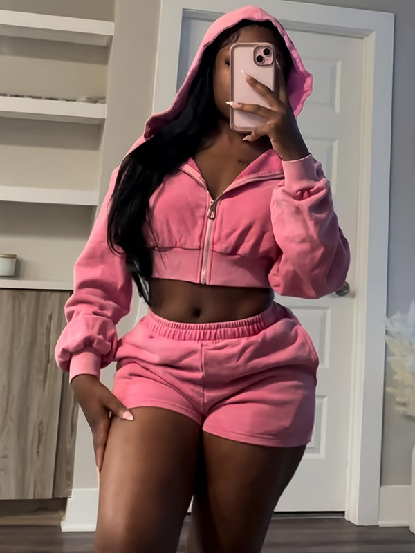 Outfit Set - Loungewear Pink Zip-Up Hoodie & Shorts