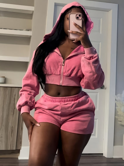 Outfit Set - Loungewear Pink Zip-Up Hoodie & Shorts