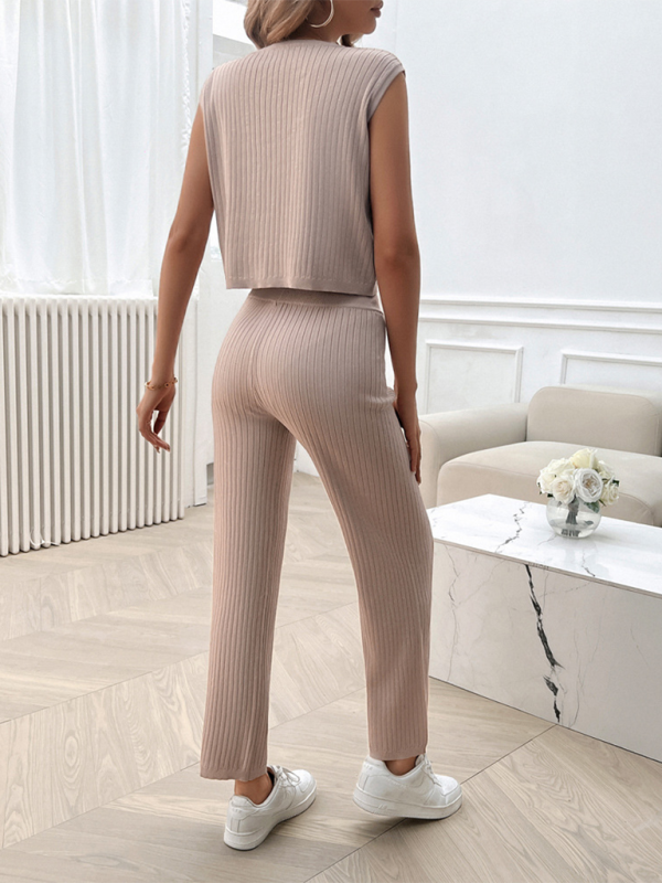 Ensemble de vêtements d'intérieur en tricot côtelé Haut court côtelé et pantalon évasé