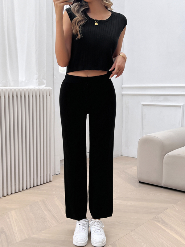 Ribbed Knit Loungewear Set Ribbed Crop Top & Flared Pants