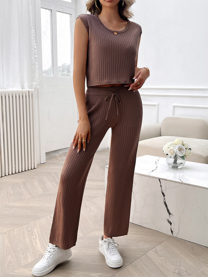 Ribbed Knit Loungewear Set Ribbed Crop Top & Flared Pants