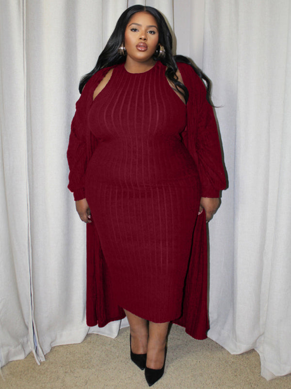 Outfit Set - Ribbed Plus Size Dress & Cardigan Set for Office to Evening