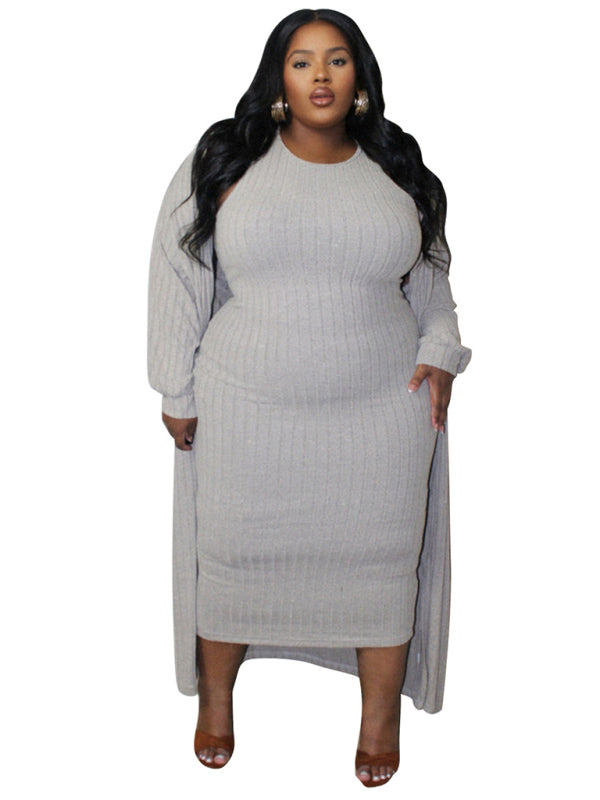 Outfit Set - Ribbed Plus Size Dress & Cardigan Set for Office to Evening