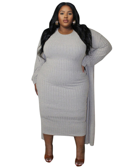 Outfit Set - Ribbed Plus Size Dress & Cardigan Set for Office to Evening